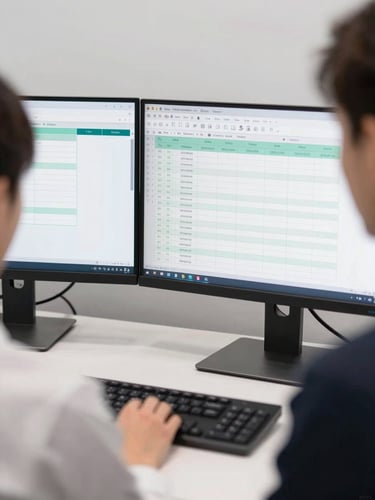 Over-the-shoulder shot of a dual-monitor setup displaying structured medical billing software and clean data visualization tables, bright neutral daylight, white balance