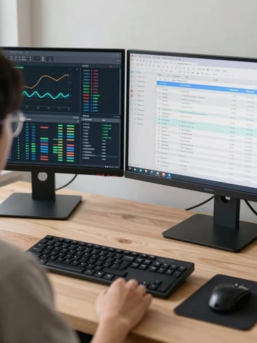 Over-the-shoulder shot of a clean, organized modern workspace, dual-monitor setup showing data visualization and billing software, neutral daylight, sharp focus.