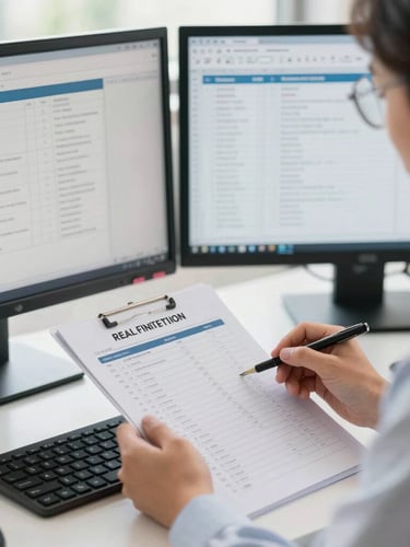 Over-the-shoulder shot of a professional coordinator analyzing a real estate transaction checklist on a dual-monitor setup, bright natural daylight, clean workspace