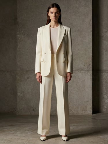 Polished editorial model wearing light luxury apparel in a structured concrete studio, dramatic shadows, warm cream tones, high-contrast studio lighting, 35mm lens