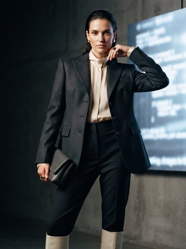Polished editorial model wearing structured light-luxury apparel, high-contrast studio lighting with cool digital screen glow, deep charcoal and warm cream tones, sharp focus, 35mm lens