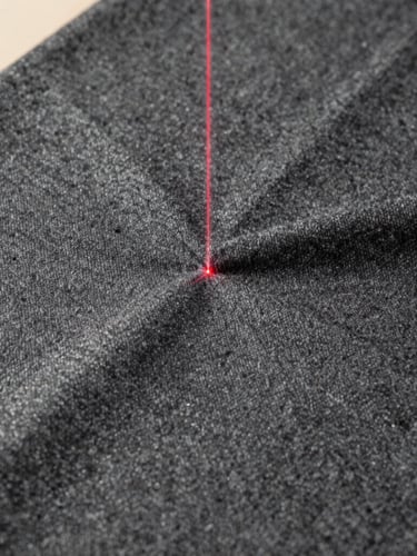 Extreme close-up of a high-end structured gray wool fabric being analyzed by a laser alignment guide, sharp contrast, studio lighting.
