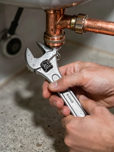 Extreme close-up of a plumber's hands gripping a large pipe wrench on a corroded copper joint under a kitchen sink, tungsten work-light from below casting sharp shadows on the tools, water droplets visible on the pipe surface, concrete floor in background