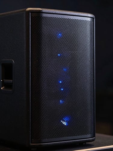 Macro shot of a matte-black high-fidelity professional speaker cabinet, sleek metal grille, subtle blue LED glow, low-key dramatic event lighting, shallow depth of field