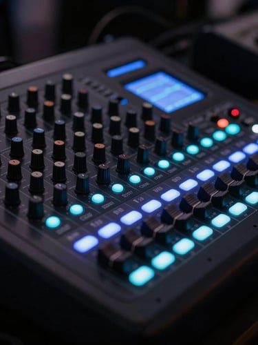 Close-up of a high-end matte-black digital mixing console, glowing blue and cyan LED indicators, shallow depth of field, dark-mode event atmosphere