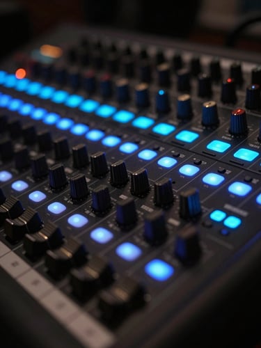Close-up of a professional mixing console with glowing blue and cyan LED indicators, dark matte-black hardware, shallow depth of field, low-key ambient event lighting.