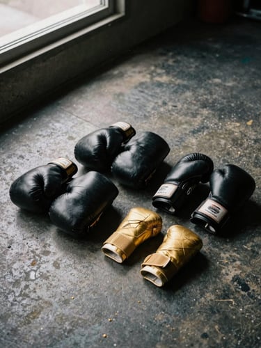 Gritty documentary photo of a clean layout of donated boxing equipment, including black leather gloves and gold handwraps, arranged on a worn concrete gym floor.