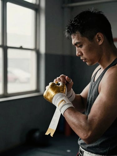 Gritty documentary photo of an amateur boxer wrapping hands in a local BC gym, high-contrast side window light, desaturated charcoal tones with warm gold accents, 35mm film.