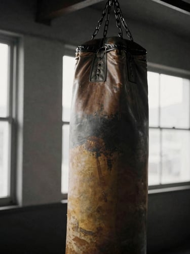 Close-up of a weathered leather heavy bag hanging in a rustic boxing gym, dramatic side-lighting from gym windows, high-contrast desaturated tones, 35mm film