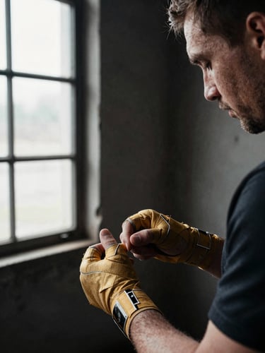 Close-up of a coach tightly wrapping a young boxer's hands with weathered gold wraps under dramatic side window light inside a rustic gym.