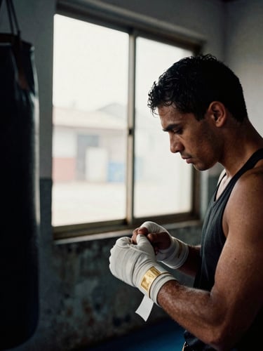 Close-up of focused amateur boxer wrapping hands in high-contrast side window light inside a weathered community gym, gritty documentary photography, 35mm film style