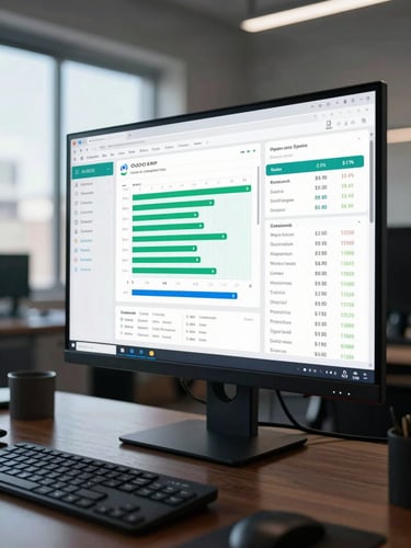Wide-angle shot of an Odoo ERP dashboard displayed on a large monitor in a professional Nairobi office, screen filling the right side of the frame, real UI panels visible showing sales pipeline and financial summary, cool office daylight from the left, dark desk surface below, no people