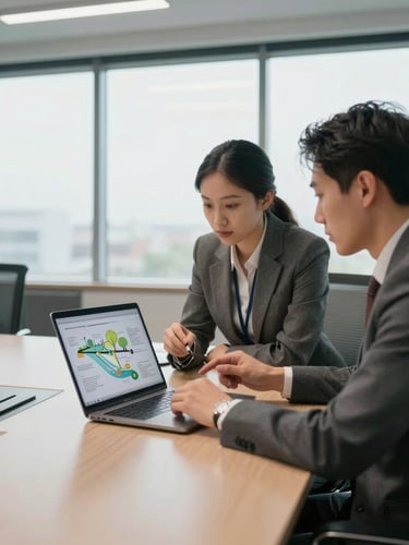 Environmental wide shot of a professional conference room, two people in business attire reviewing infrastructure diagrams on a laptop screen at a clean table, accurate office daylight through large windows, neutral tones