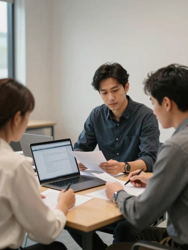 Medium shot of two professionals at a conference table reviewing documents on a laptop screen under accurate office daylight, structured meeting environment, neutral walls, no casual clothing