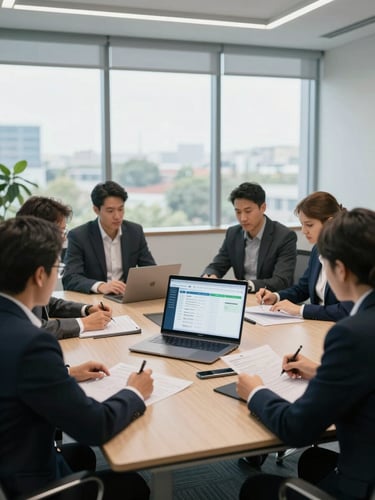 Wide-angle view of a professional conference room, four team members in business attire seated around a table reviewing documents and a laptop screen displaying an Odoo dashboard, office daylight from large windows, sharp and purposeful framing