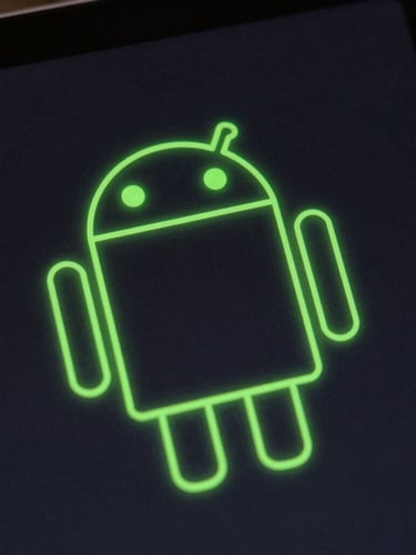 Macro close-up of an Android tablet screen showing a clean vector wireframe of an application interface, neon green lines glowing against a dark slate background, high contrast, 35mm
