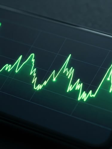 Extreme close-up of a sleek Android device screen displaying a minimalist, high-contrast neon green system performance graph, dark slate background, low-key studio lighting.