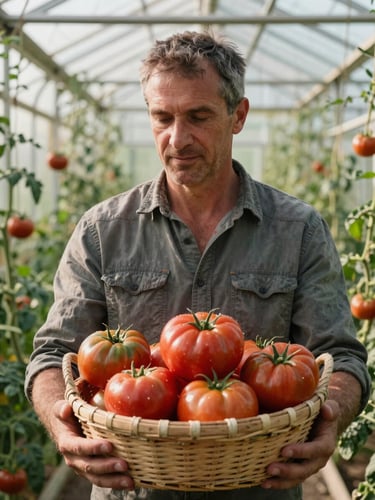 A local farmer holding a basket of fresh heirloom tomatoes in a sunlit greenhouse, dramatic morning light, high detail
