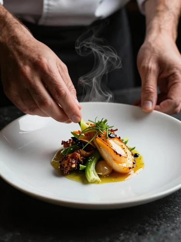Macro shot of hands chef plating a vibrant dish, dark moody background, high-contrast chiaroscuro lighting, steam rising