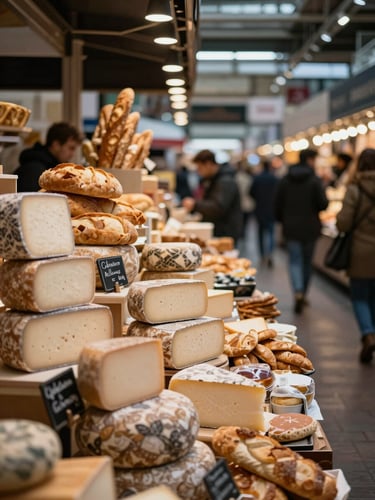 Bustling modern food market hall with artisanal cheese and bread stands, warm lighting, soft background blur