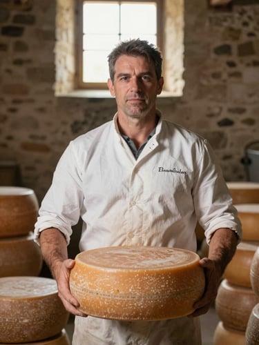 Environmental portrait of a proud local cheese producer in a rustic stone cellar, holding a wheel of aged cheese, warm dramatic natural light from a high window.