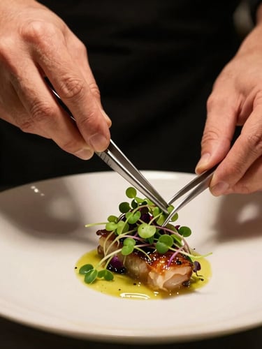 Tight cinematic macro shot of chef hands carefully plating a modern dish, vibrant microgreens being placed with tweezers, warm side lighting, dark moody background.