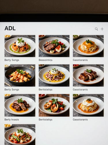 Capture d'écran épurée de l'application ADL montrant une grille de planification de contenu avec des photos de plats gastronomiques et des statistiques de croissance simples.