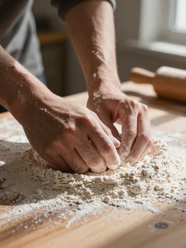 Tight, macro shot of hands dusting flour onto a wooden work surface, dramatic side-lighting from a window, high contrast, warm textures.