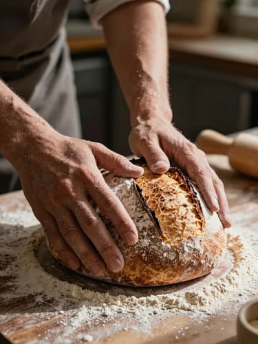 Hands of an artisan baker scoring a fresh sourdough loaf in a sunlit rustic kitchen, dramatic side lighting, high contrast, macro focus on flour dust.