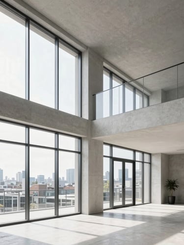 Wide-angle architectural editorial photograph of a modern residential interior in Toronto, minimalist concrete walls, bright natural daylight flooding through floor-to-ceiling windows, sharp geometric lines, 35mm.