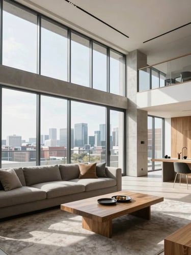 Architectural interior of a modern Toronto living room, expansive floor-to-ceiling windows, natural daylight casting soft linear shadows, concrete and oak details, wide-angle 35mm photography