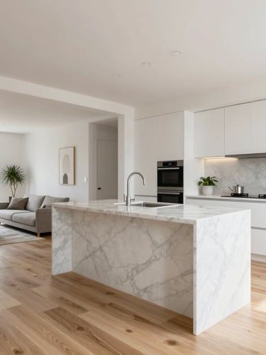 Bright modern residential interior showing a seamless transition between a kitchen and living area, minimalist design, natural oak flooring, marble island, 35mm