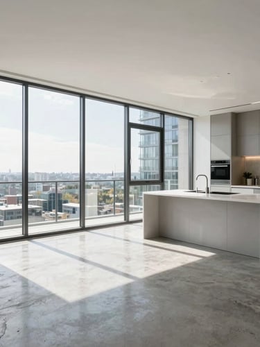 Wide-angle architectural photograph of a modern luxury residential interior in Toronto, bright natural daylight streaming through floor-to-ceiling windows, polished concrete floor, minimalist kitchen island, 35mm.