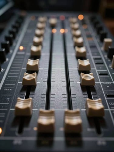 Symmetrical macro photograph of a professional studio soundboard, low-key dramatic lighting with sharp contrasts and subtle gold rim lights on the faders.