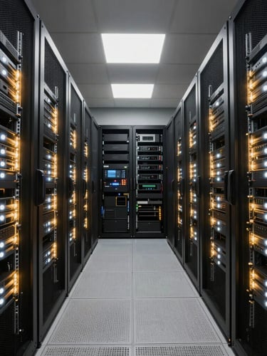 Symmetrical, clean server racks in a dark enterprise data center, illuminated by sharp white status lights and a warm gold rim glow, wide angle