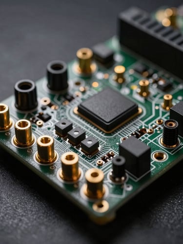 Macro close-up of a high-end solid-state logic soundboard, gold-plated connectors, low-key dramatic studio lighting with sharp contrasts