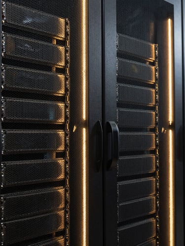A close-up symmetrical shot of glowing server racks in a dark data center, sharp gold rim lighting reflecting off steel edges.