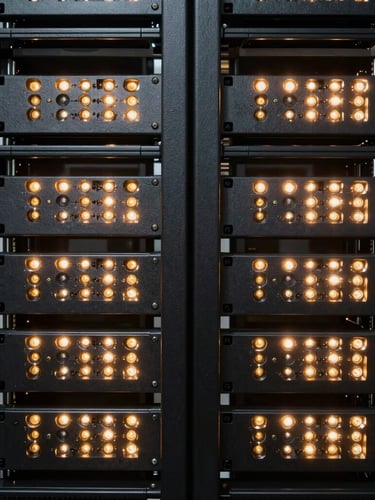 Symmetrical macro shot of high-density server racks, glowing warm gold indicator lights, dark metallic textures, architectural depth.