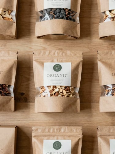 Overhead flat lay of high-quality packaged organic dry goods and sustainable cardboard boxes on a clean wooden surface, soft morning coastal light, earth tones.