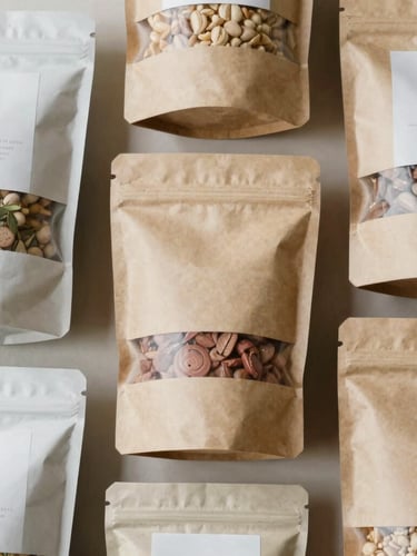 Overhead flat lay of high-quality packaged organic goods and clean sustainable packaging details, soft natural daylight, warm earth tones.