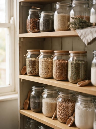 Medium-close-up of neatly organized pantry shelves with clean glass jars filled with organic grains, warm natural diffused coastal daylight, soft shadows, shallow depth of field.