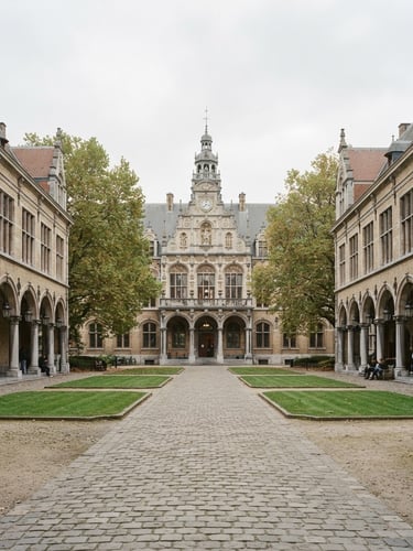 Wide-angle architectural symmetry of a historic European university courtyard, overcast Brussels daylight, soft scholarly shadows, 35mm film look