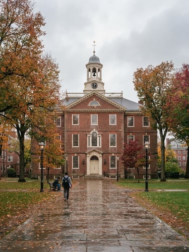 Symmetrical wide shot of a historic brick university hall in New England, overcast autumn sky, soft diffused daylight, scholarly atmosphere