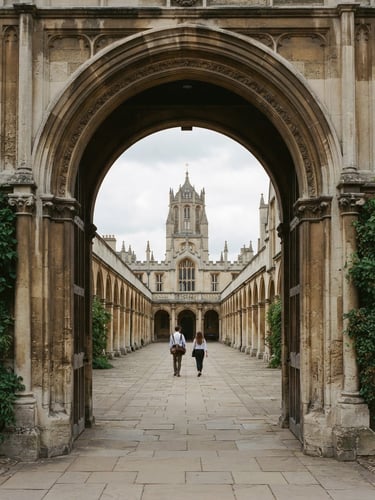 Symmetrical architectural framing of a historic European university stone archway, soft overcast daylight, muted scholarly tones, 35mm film look