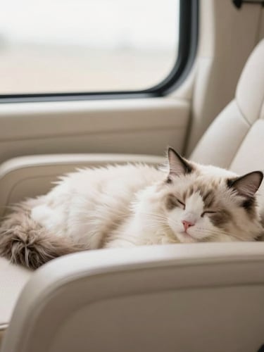 warm editorial photography, soft natural window light, gentle cream tones, shallow depth of field, 35mm. A fluffy Ragdoll kitten sleeping peacefully inside a modern, clean, climate-controlled vehicle cabin, surrounded by soft textures.