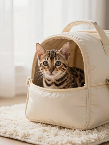 warm editorial photography, soft natural window light, gentle cream tones, shallow depth of field, 35mm. A cute Bengal kitten looking curiously out of a beautifully designed, soft travel carrier placed on a plush cream rug.