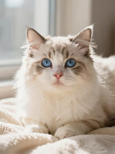 A warm, sunlit close-up portrait of a fluffy Ragdoll kitten with deep blue expressive eyes, resting on a soft cream blanket in a cozy domestic interior, natural window light, shallow depth of field, 35mm