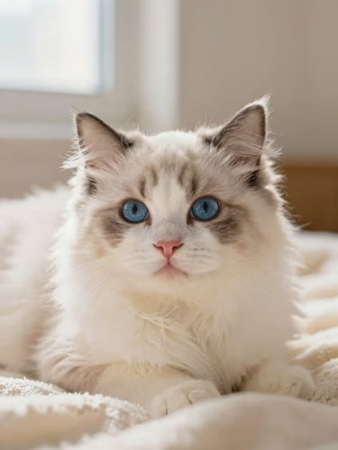 Close-up portrait of a fluffy Ragdoll kitten with deep blue expressive eyes, resting on a soft cream blanket, warm natural window light, shallow depth of field, 35mm