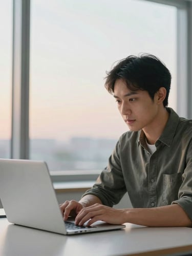 A medium shot of a digital strategist collaborating with a local business owner over a clean laptop screen, warm morning light, natural editorial photography