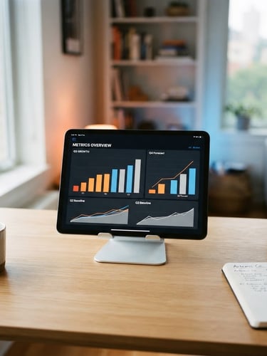Modern editorial photography, a clean minimalist desk with a tablet showing clear growth metrics, natural window light with subtle orange and blue ambient glows, 35mm